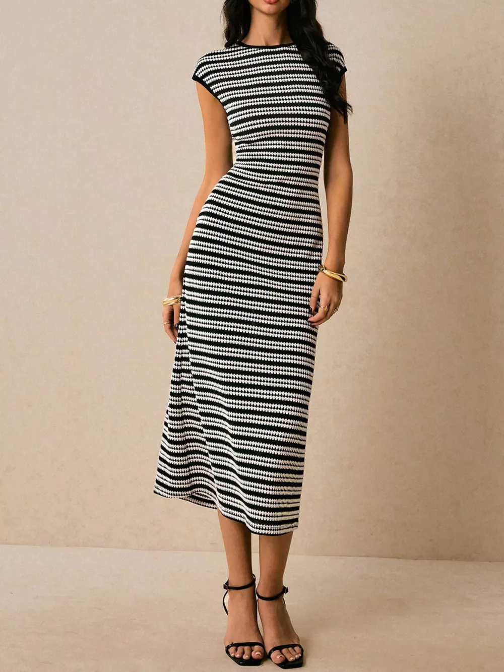Striped Cap Sleeve Bodycon Midi Dress