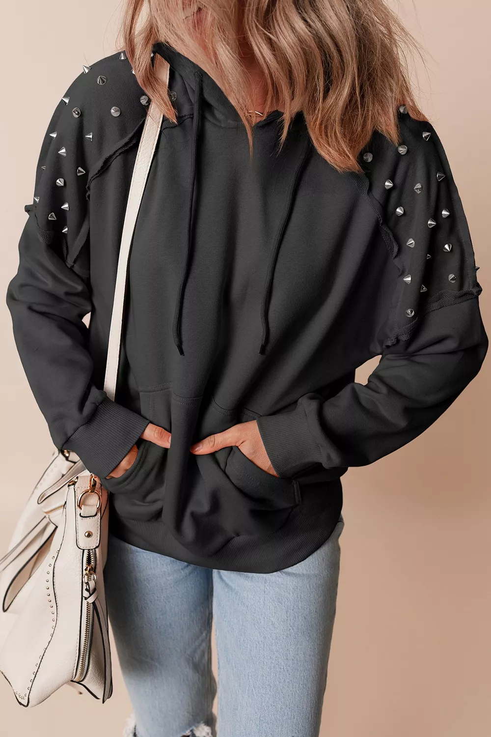 Drawstring Studded Long Sleeve Hoodie, image 4
