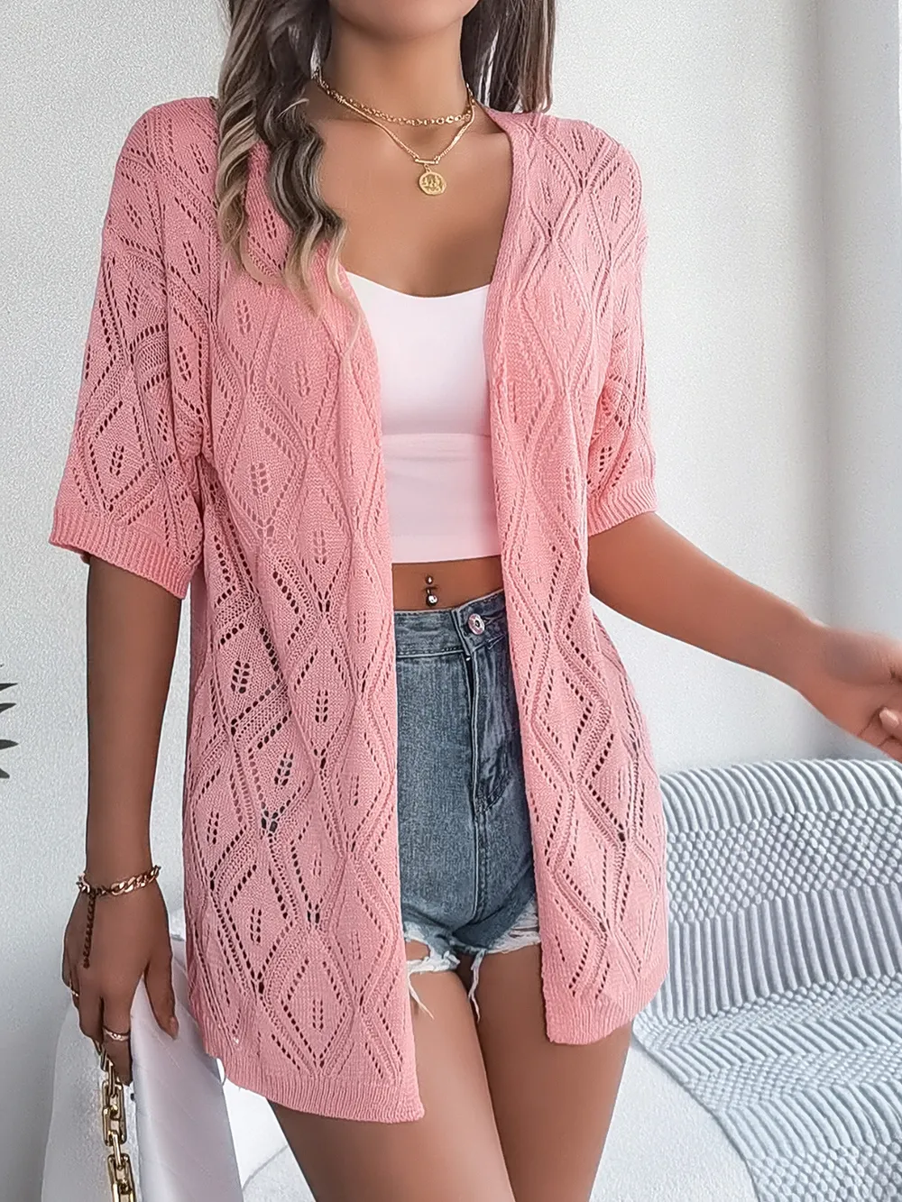 Openwork Open Front Half Sleeve Cardigan, image 13