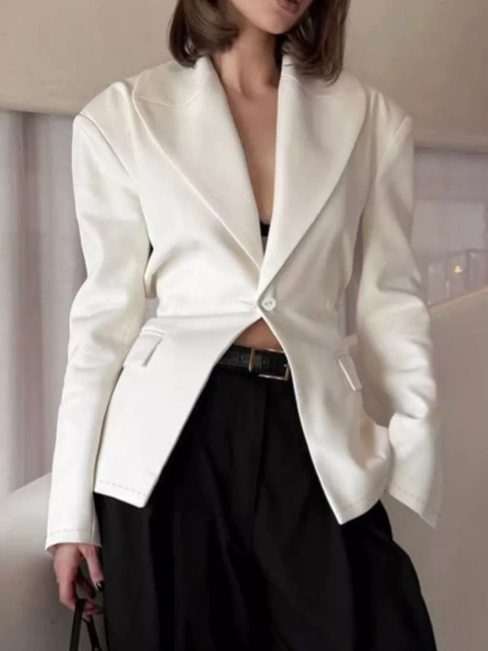 One Button Padded Shoulders Blazer, image 5