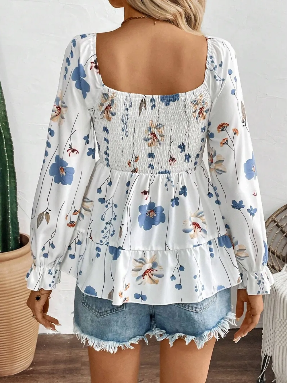 Smocked Floral Scoop Neck Flounce Sleeve Blouse, image 2