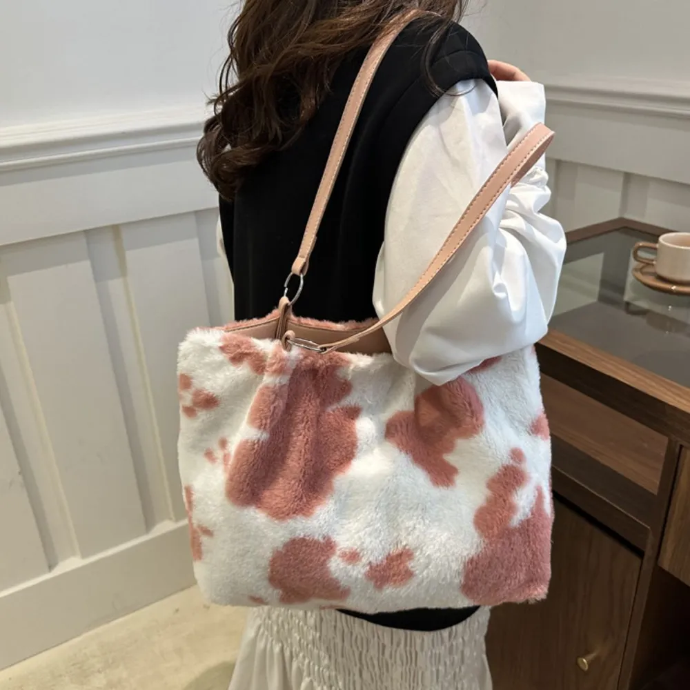Cow Print Furry Tote Bag, image 11