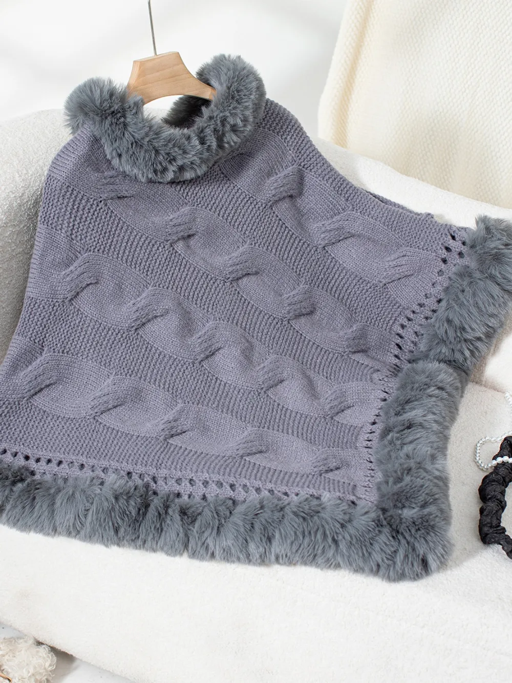 Fuzzy Hem Cable-Knit Poncho, image 17