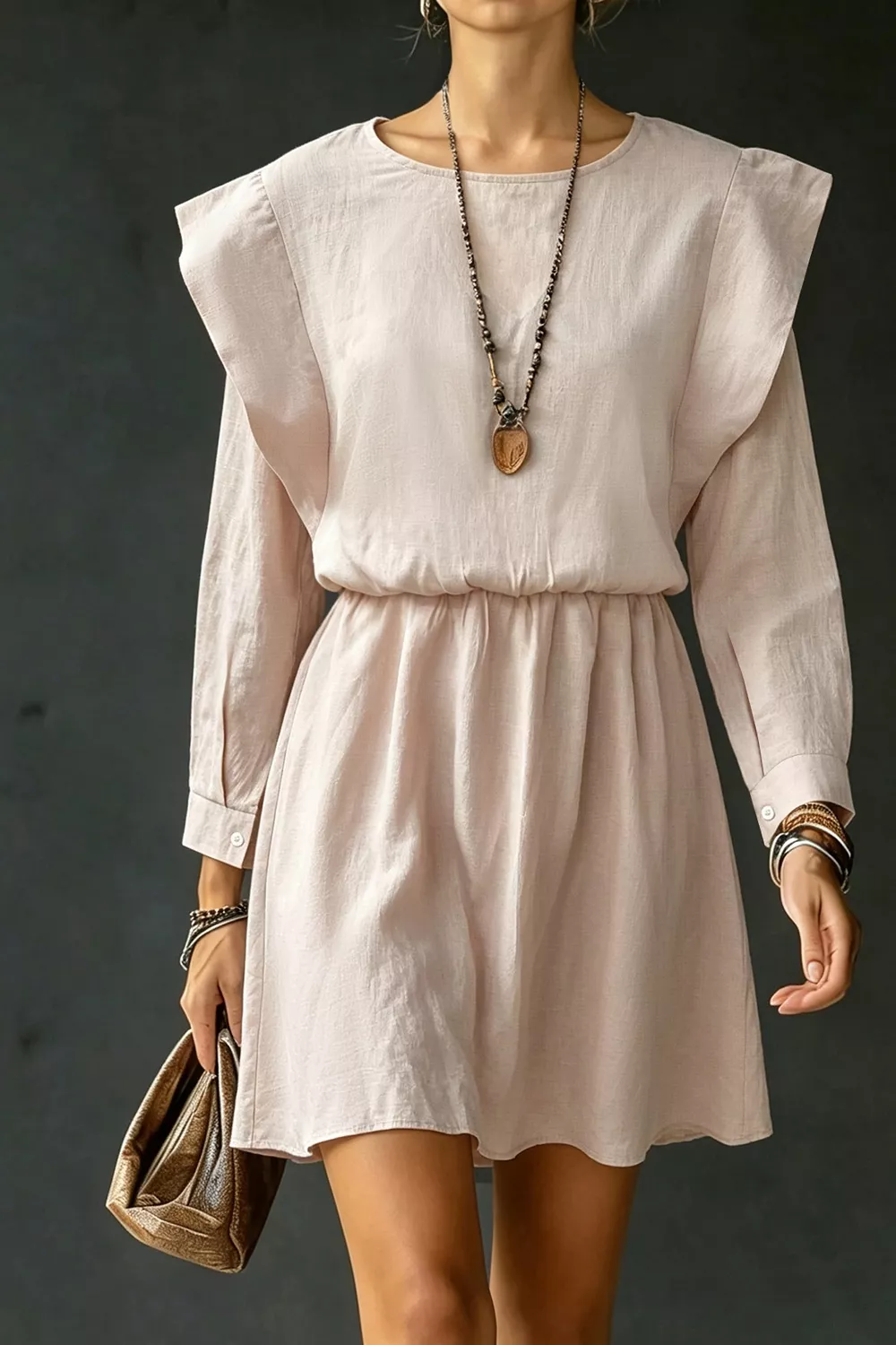 Ruffled Round Neck Long Sleeve Dress, image 4