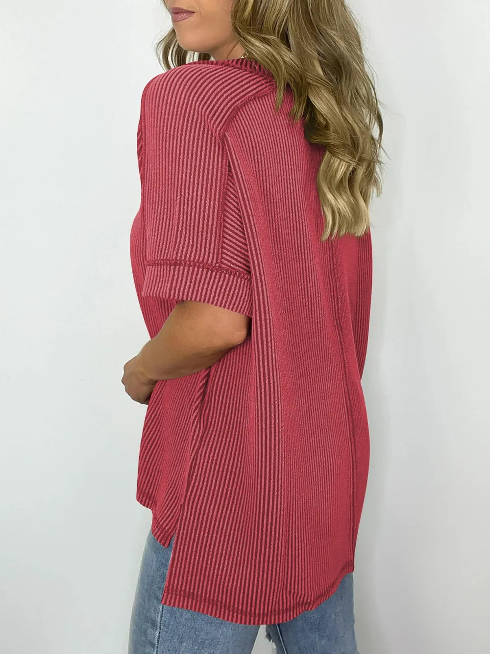 Cord Ribbed V-Neck Short Sleeve T-Shirt, image 13