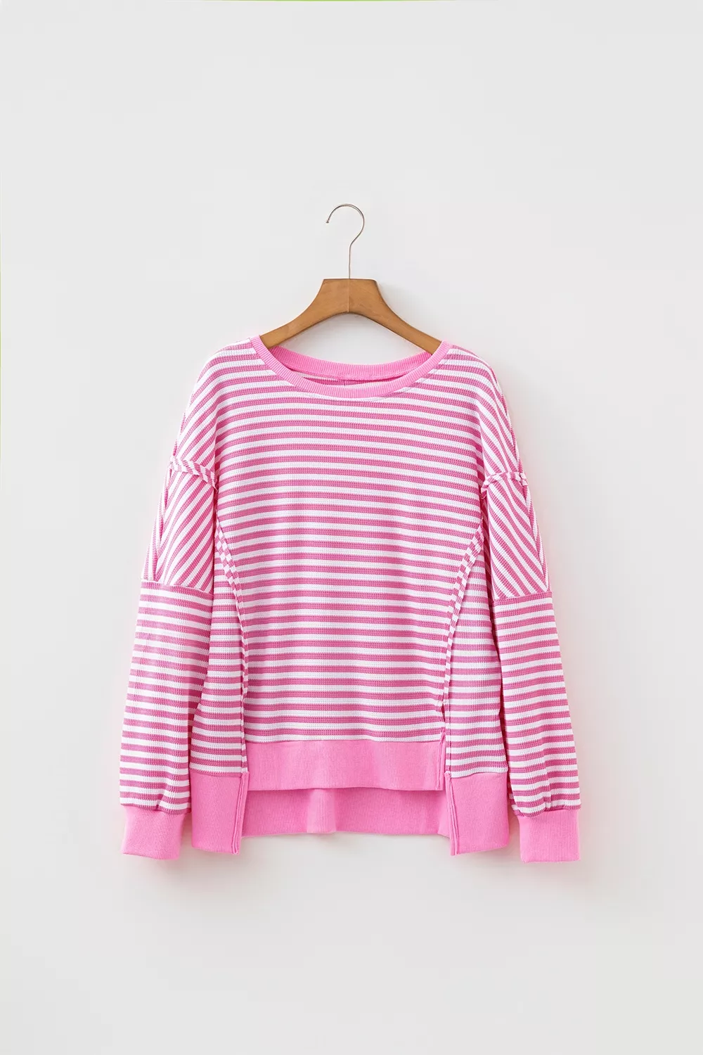 Stripe Textured Knit Color Block Trim Split Hem Long Sleeve Top, image 11