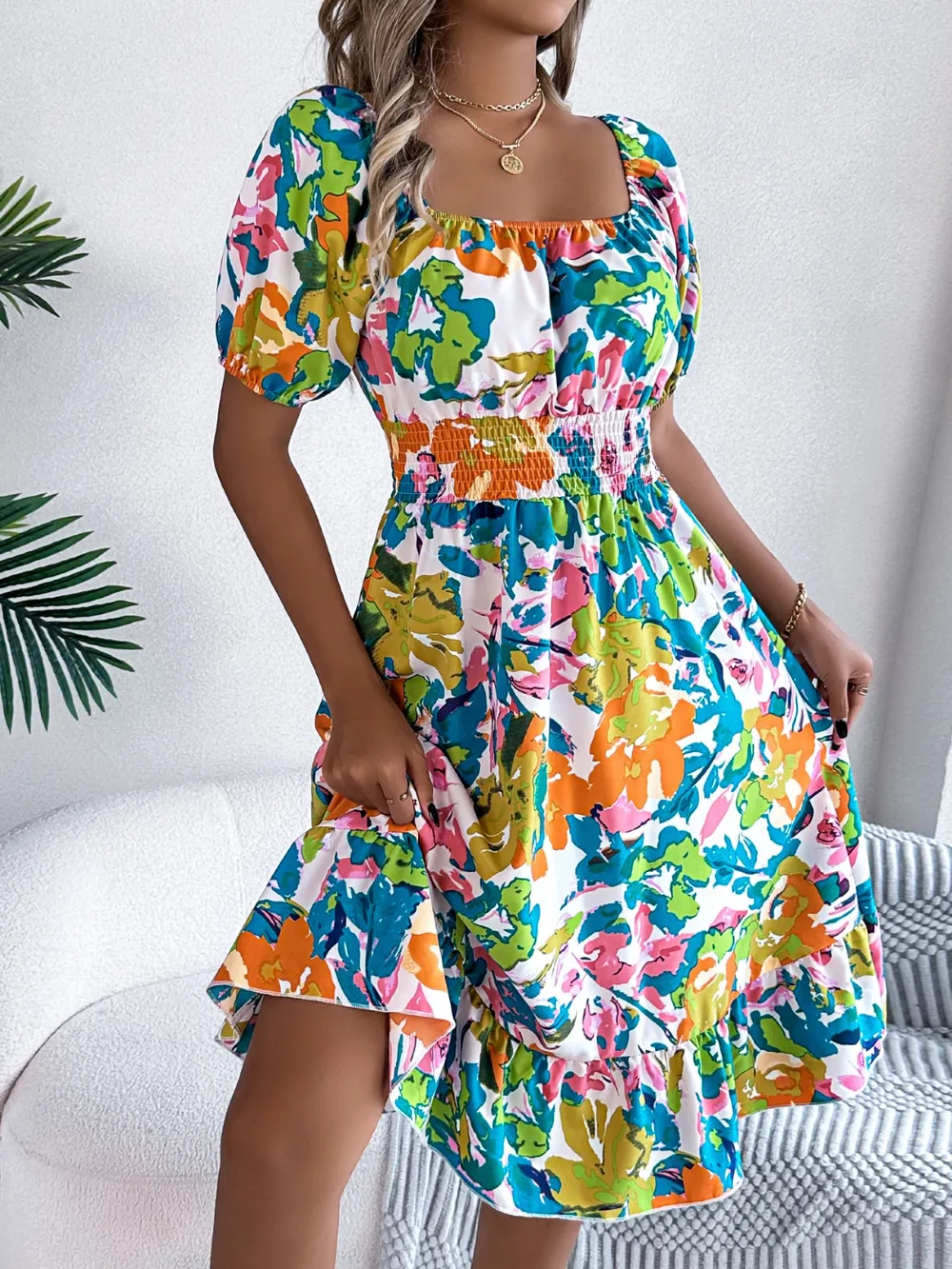 Ruffled Hem Smocked Floral Short Sleeve Midi Dress, image 9