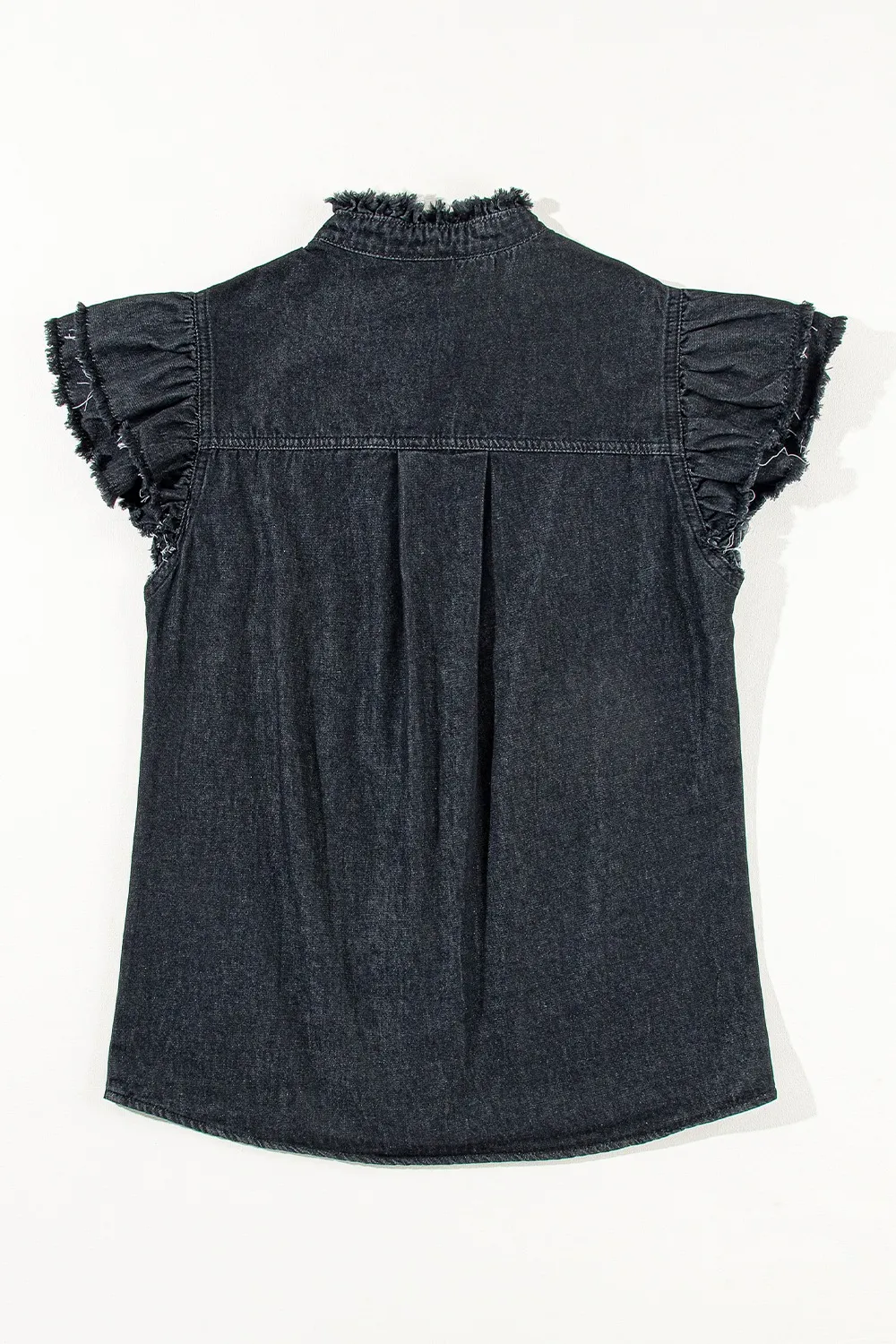 Button Down Raw Hem Ruffled Denim Shirt, image 11