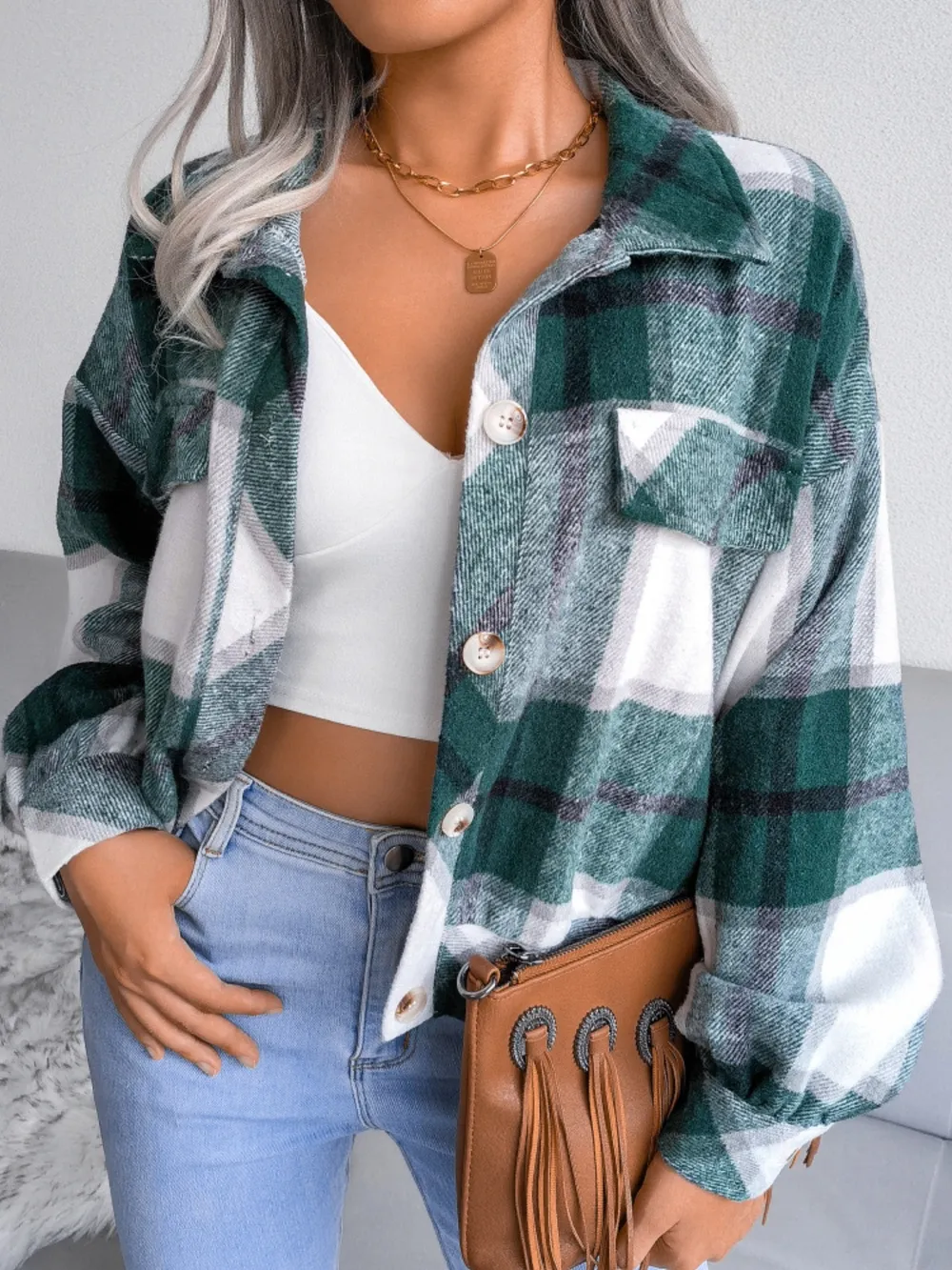 Plaid Collared Neck Long Sleeve Jacket, image 13