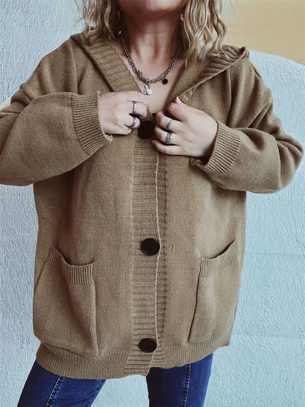 Dropped Shoulder Long Sleeve Hooded Cardigan, image 15