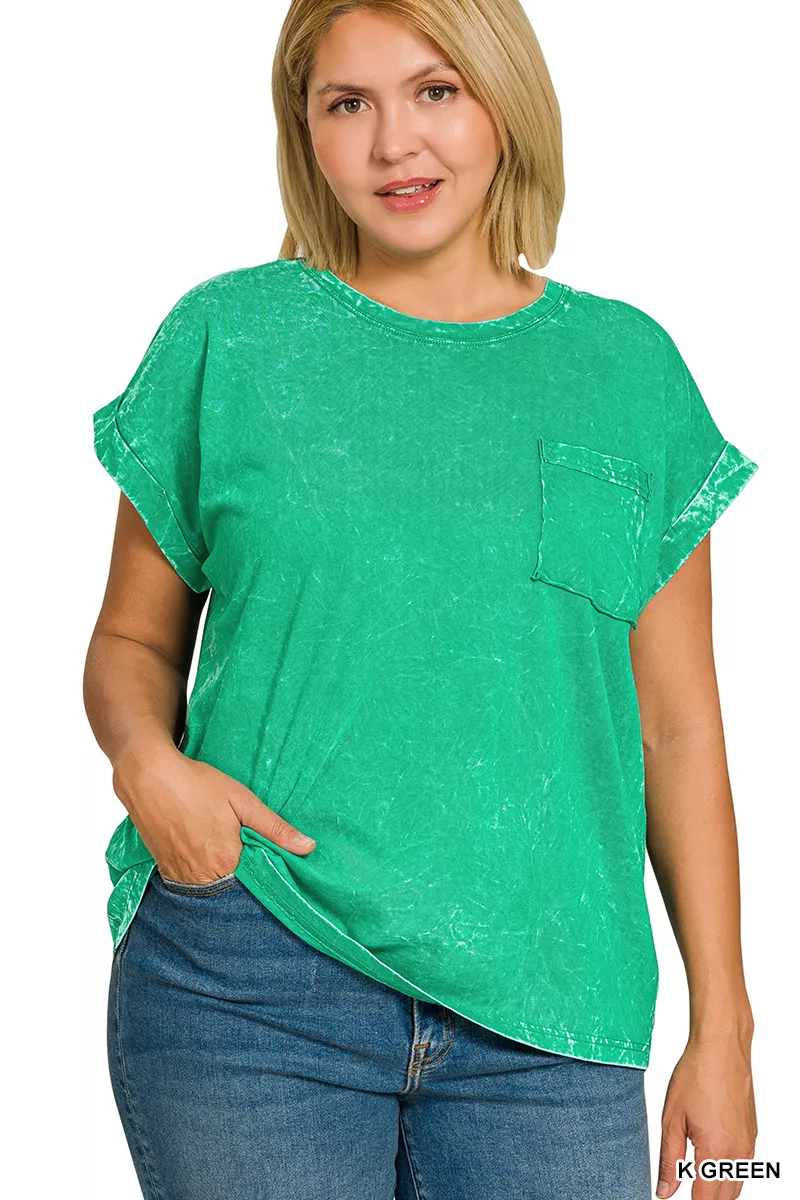 Full Size Crinkle Washed Round Neck Folded Short Sleeve Tee Plus Size, image 2
