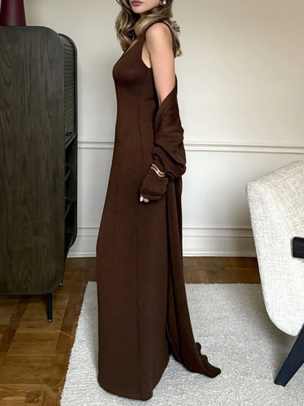 V-Neck Knit Dress and Cardigan Sweater Set, image 10
