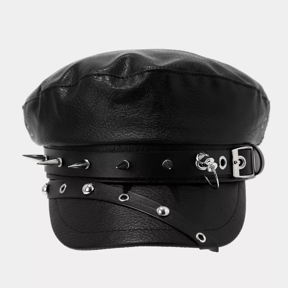 Studded Embellished Faux Leather Hat