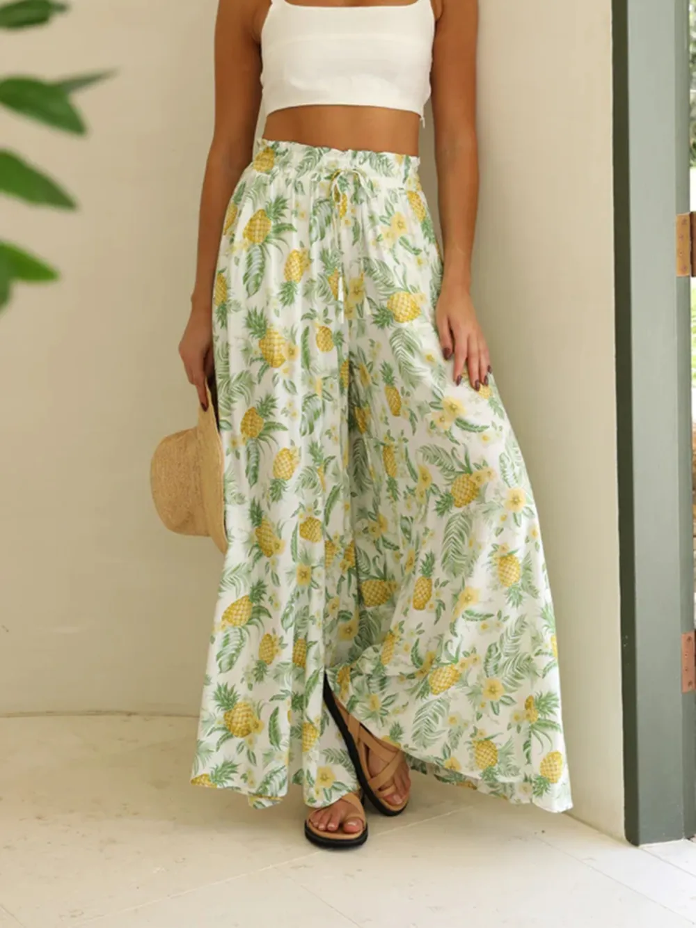 Drawstring Paperbag Waist Printed Wide Leg Pants, image 12