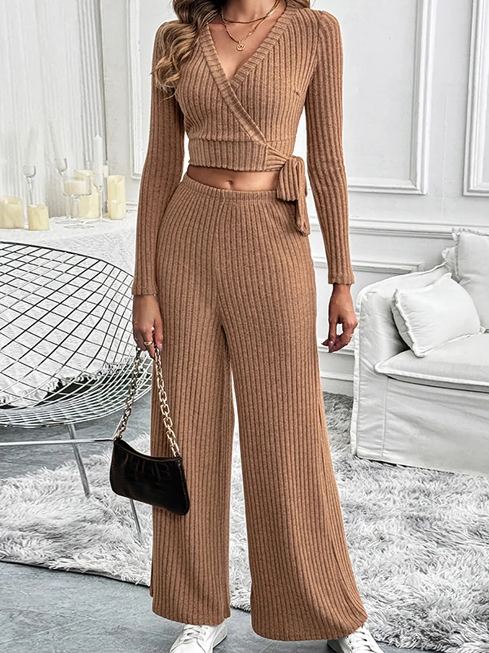 Surplice Long Sleeve Top and Pants Set, image 4