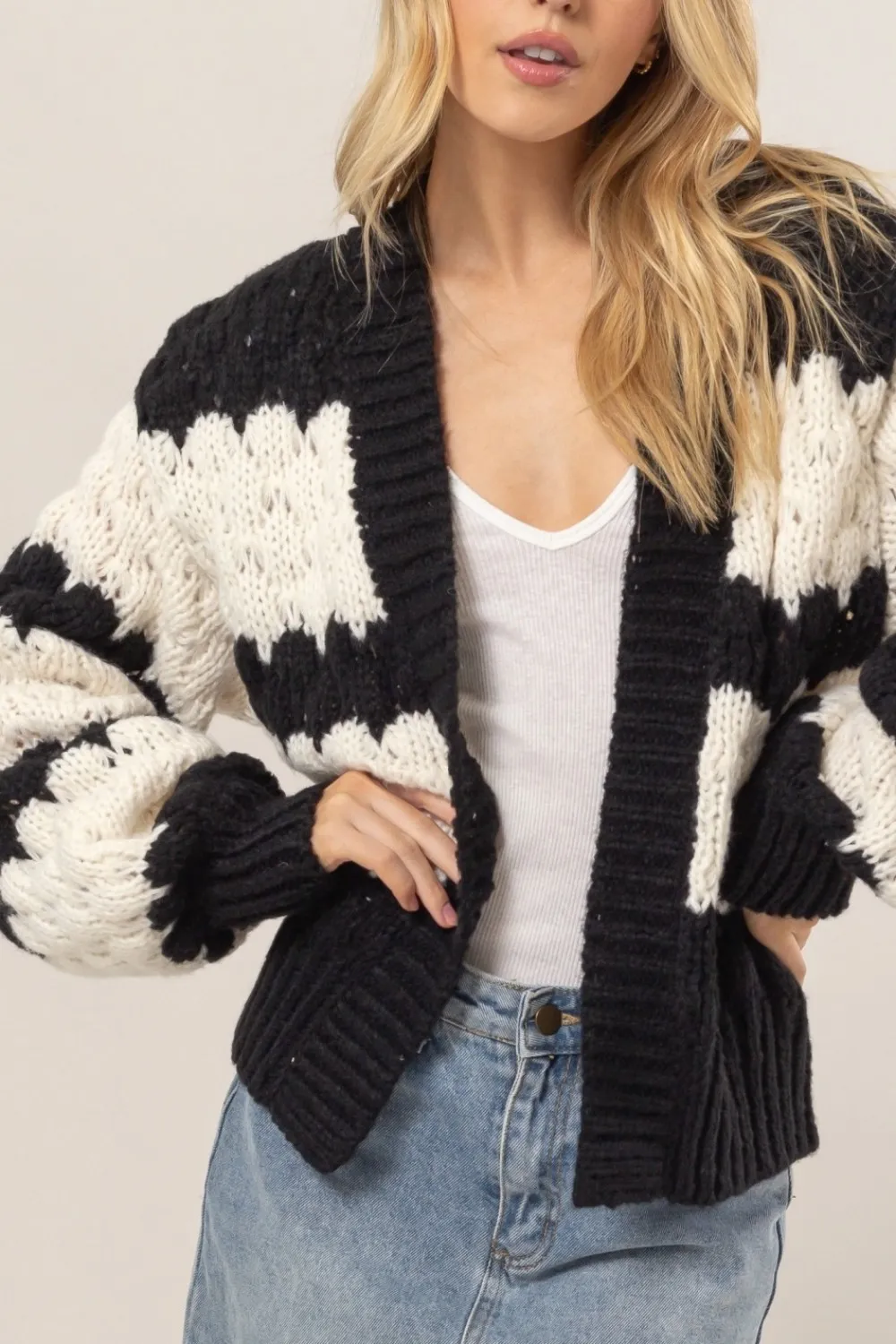 Scallop Striped Open Front Long Sleeve Sweater Cardigan, image 5