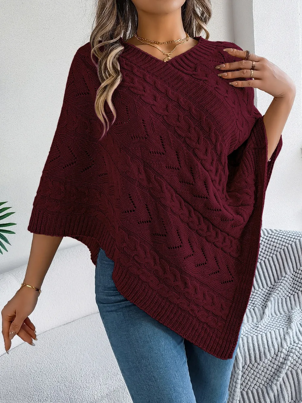 Cable-Knit Openwork Three-Quarter Sleeve Sweater, image 14