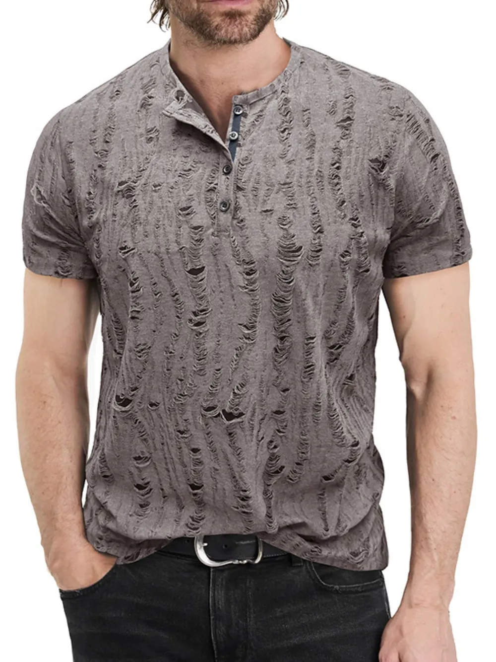 Men's Distressed Henley Short Sleeve Top, image 2