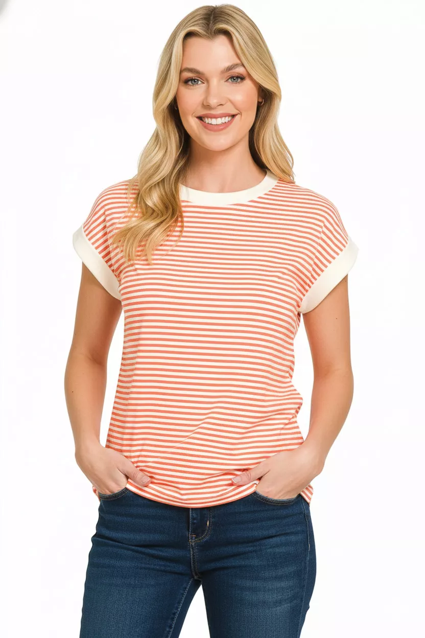 Striped Round Neck Short Sleeve Contrast Trim T-Shirt, image 3