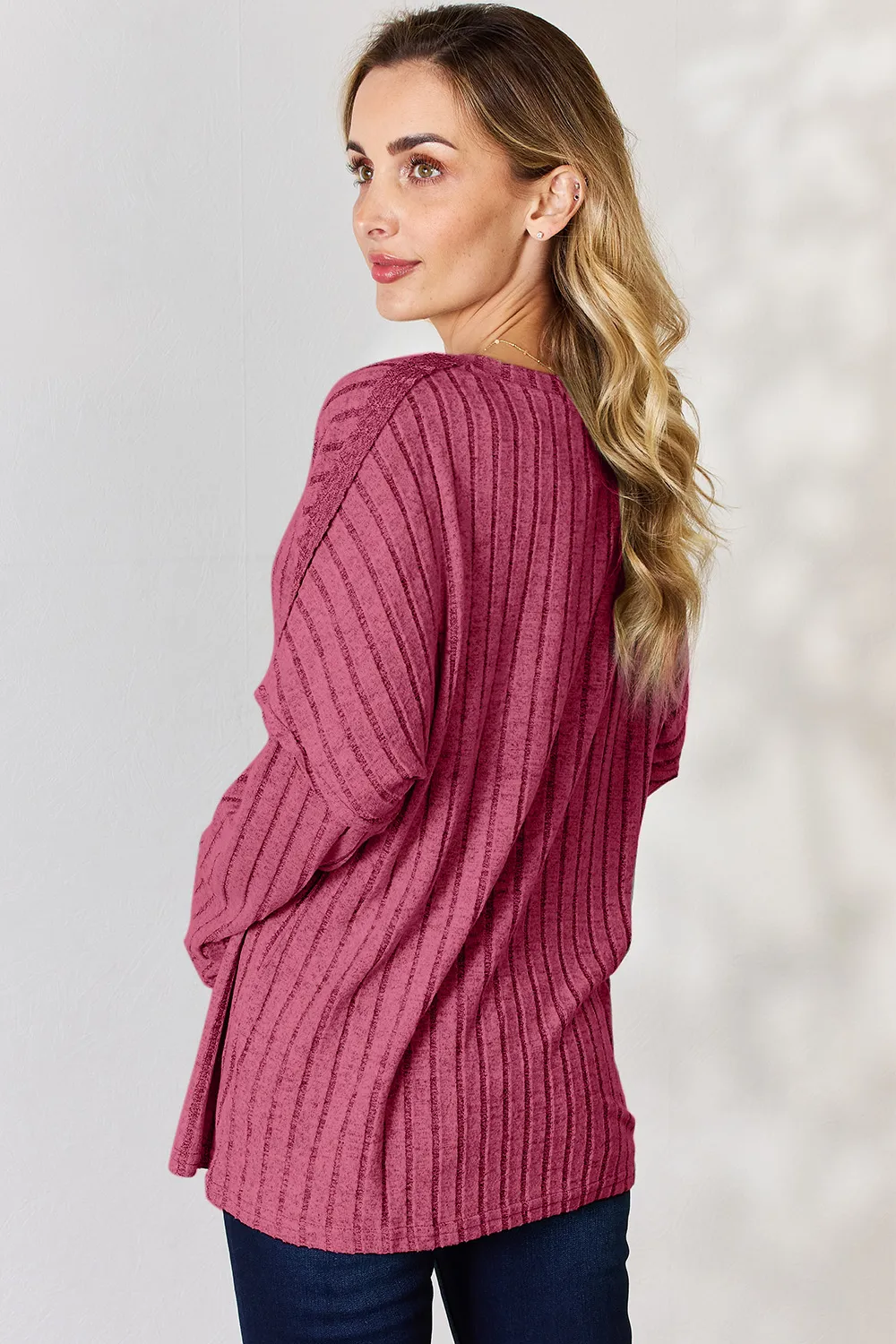 Full Size Ribbed Half Button Long Sleeve T-Shirt, image 18