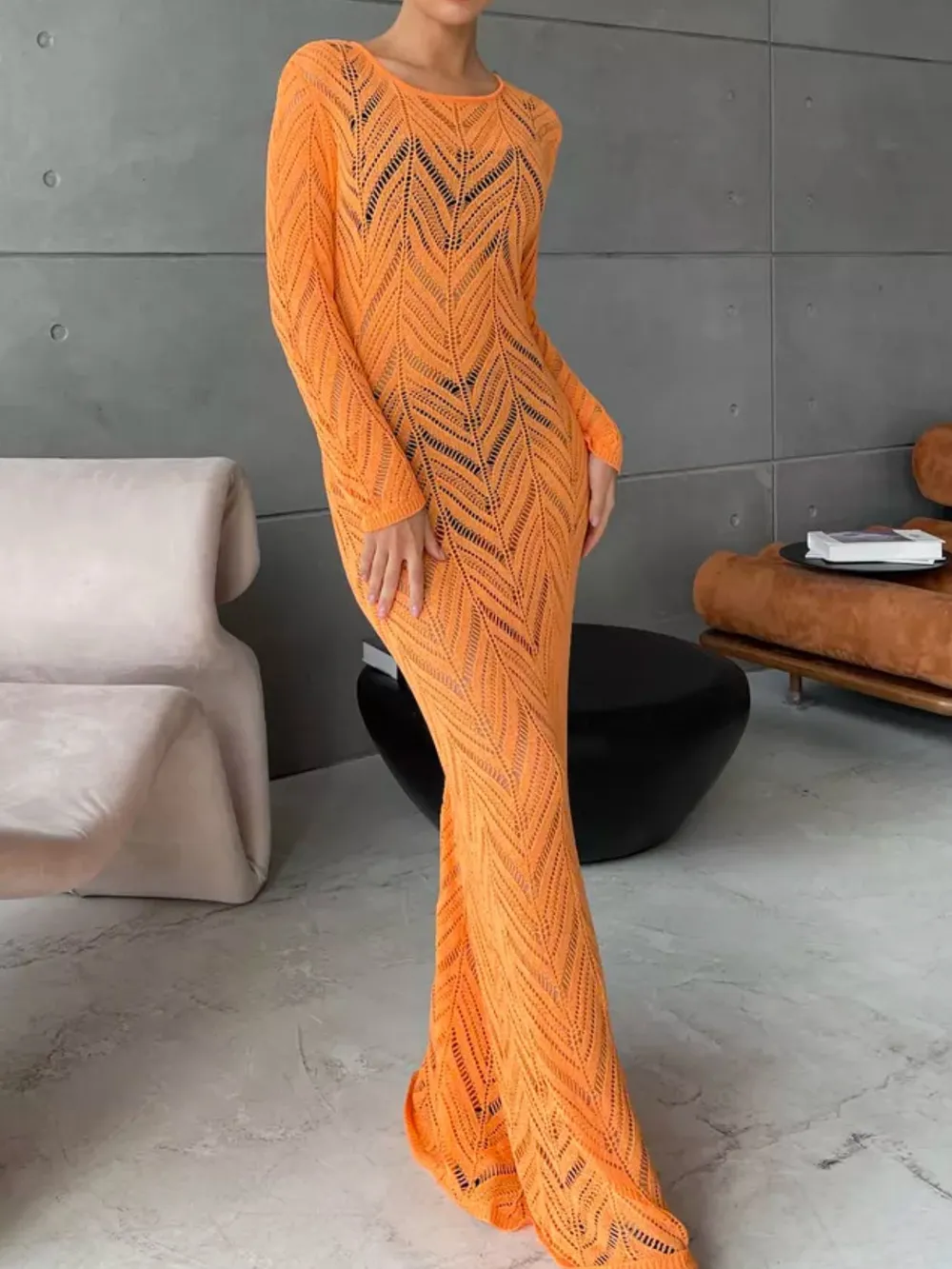 Openwork Long Sleeve Knit Cover Up Dress, image 11