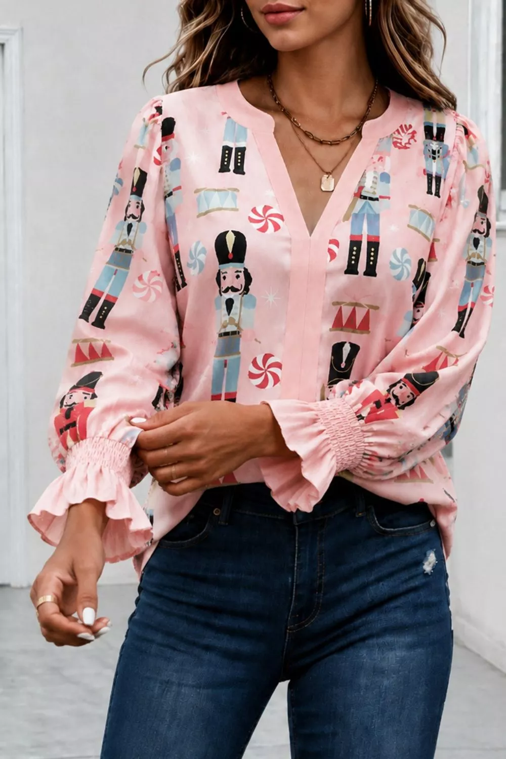 Nutcracker Print Notched Flounce Sleeve Blouse, image 4