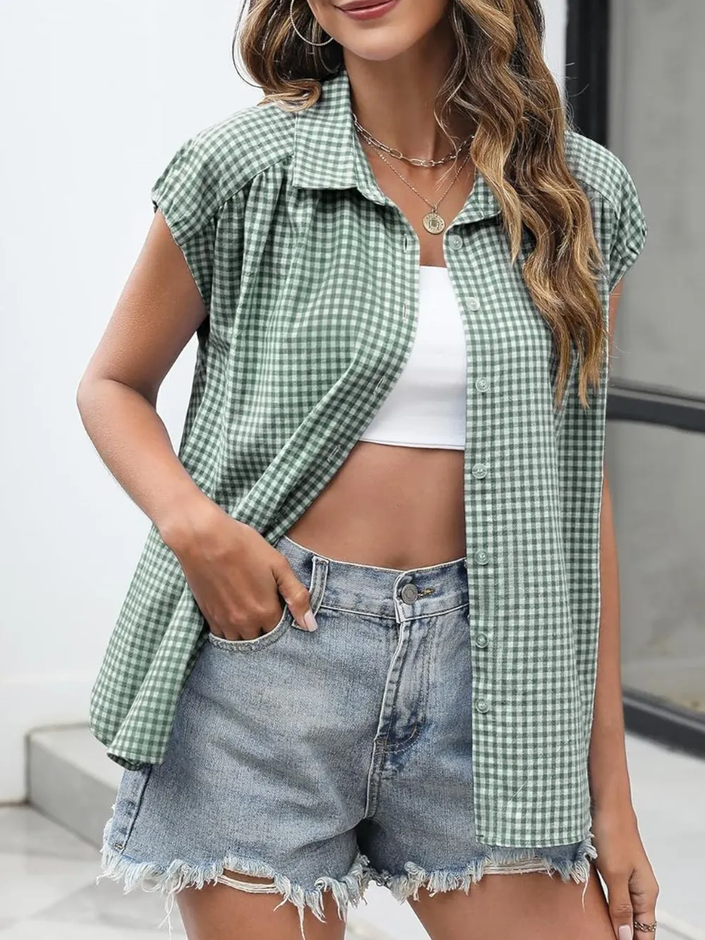 Plaid Button Up Cap Sleeve Shirt, image 17