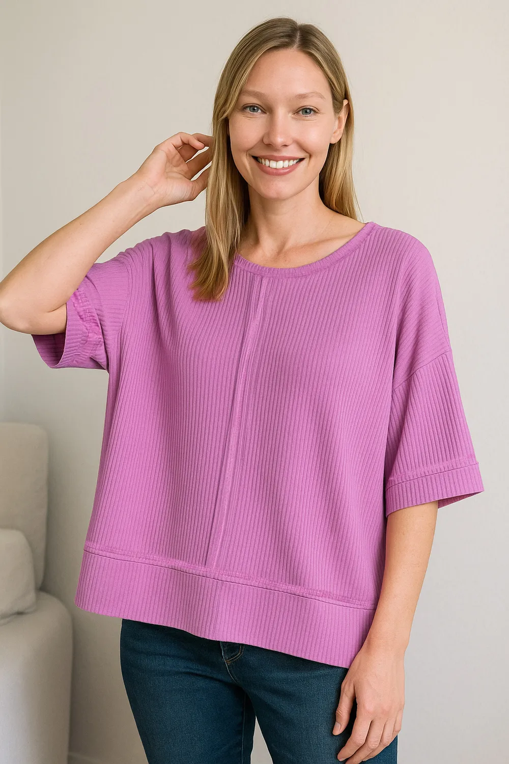 Ribbed Boat Neck 3/4 Sleeve Top