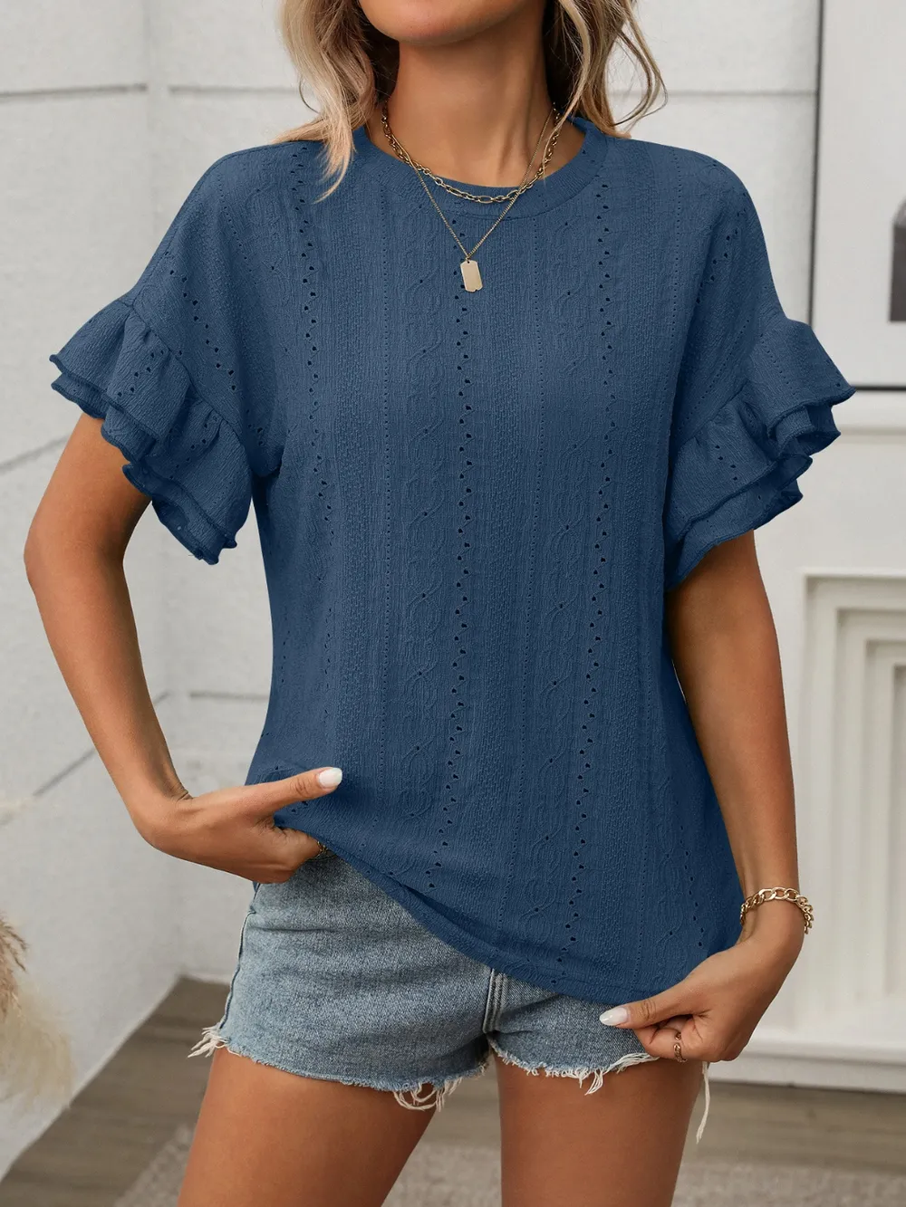Eyelet Round Neck Flounce Sleeve Top, image 16