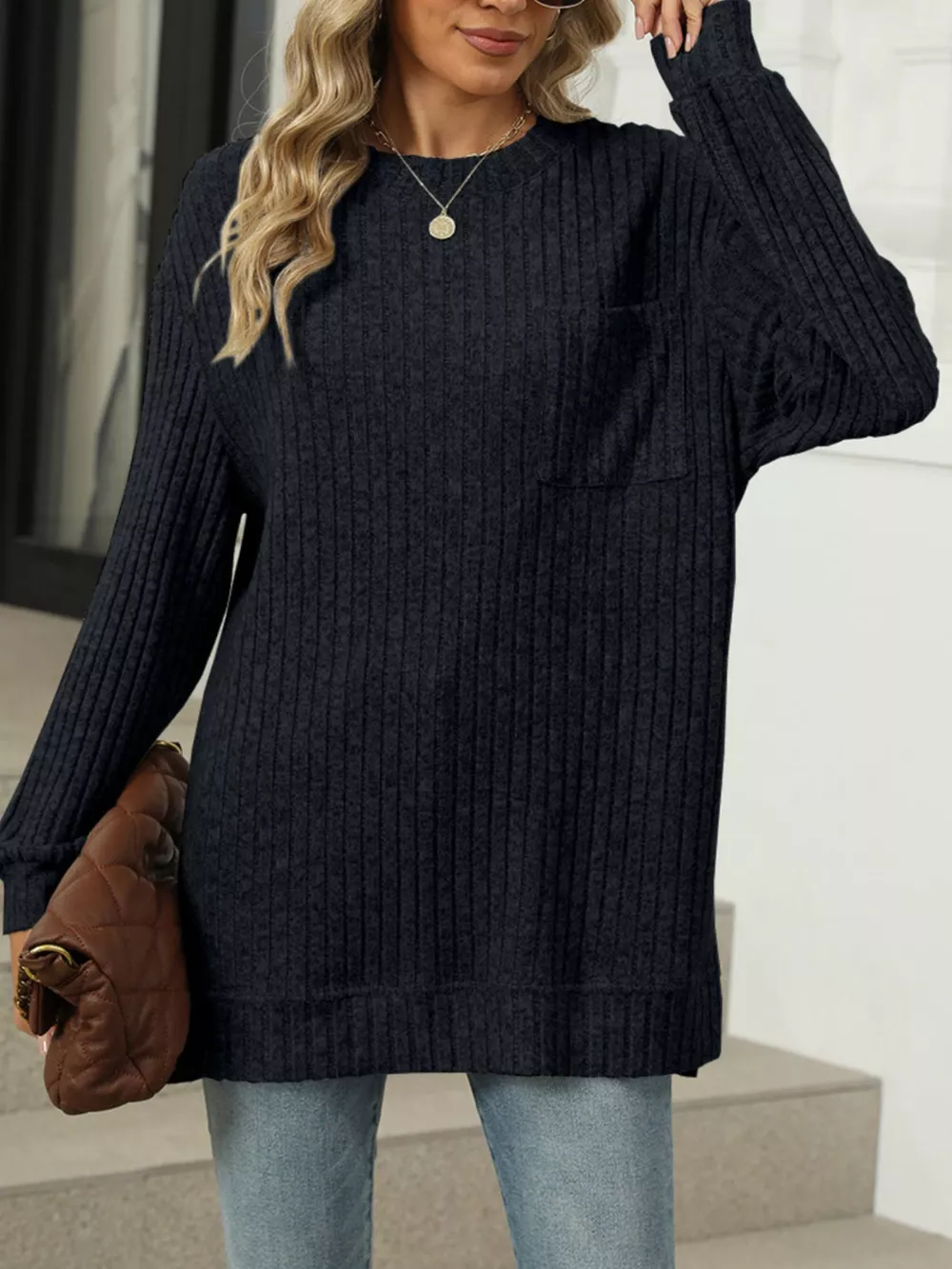 Ribbed Knit Round Neck Sweater, image 11