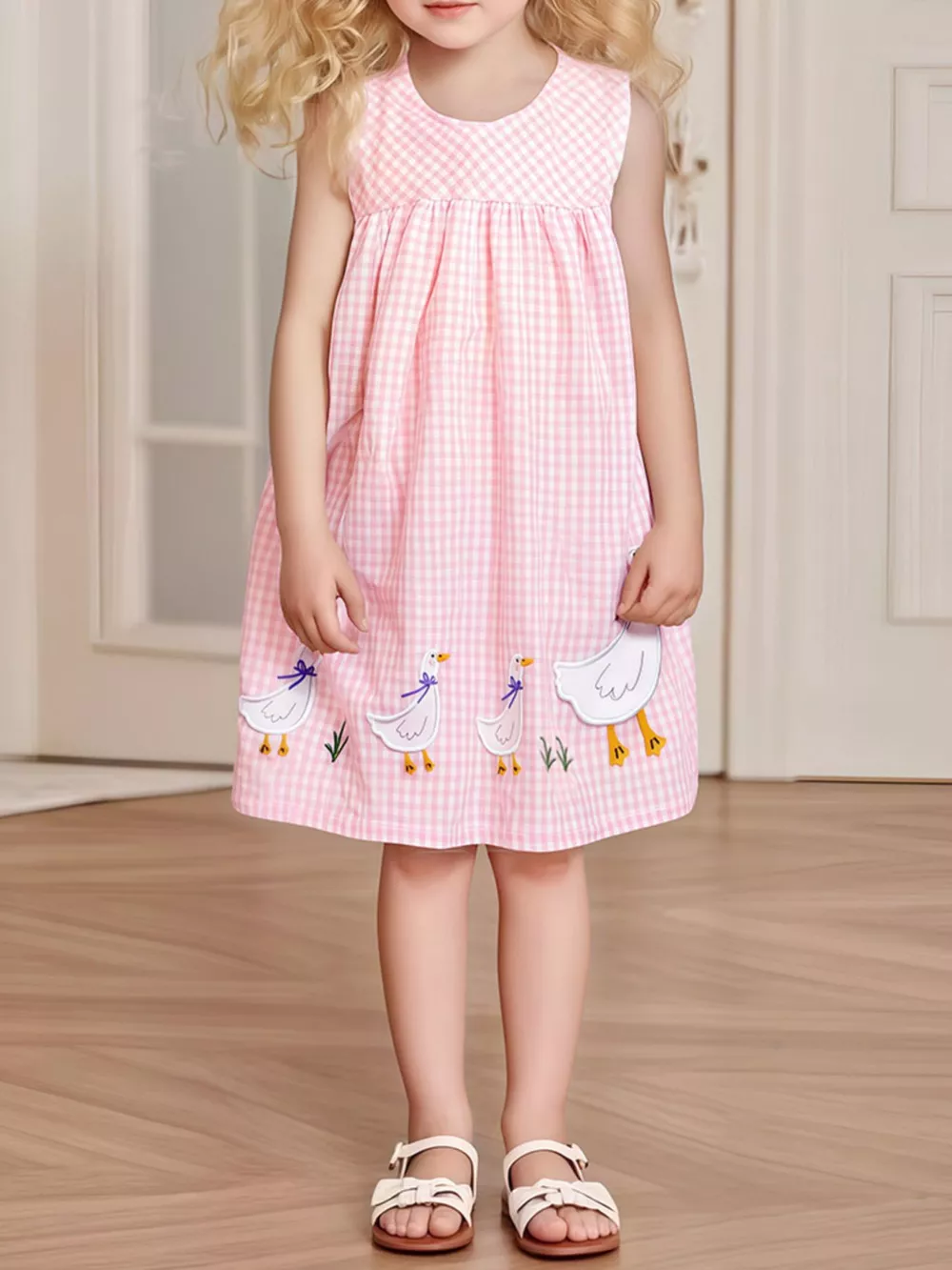 Children's Gingham Goose Embroidered Sleeveless Dress
