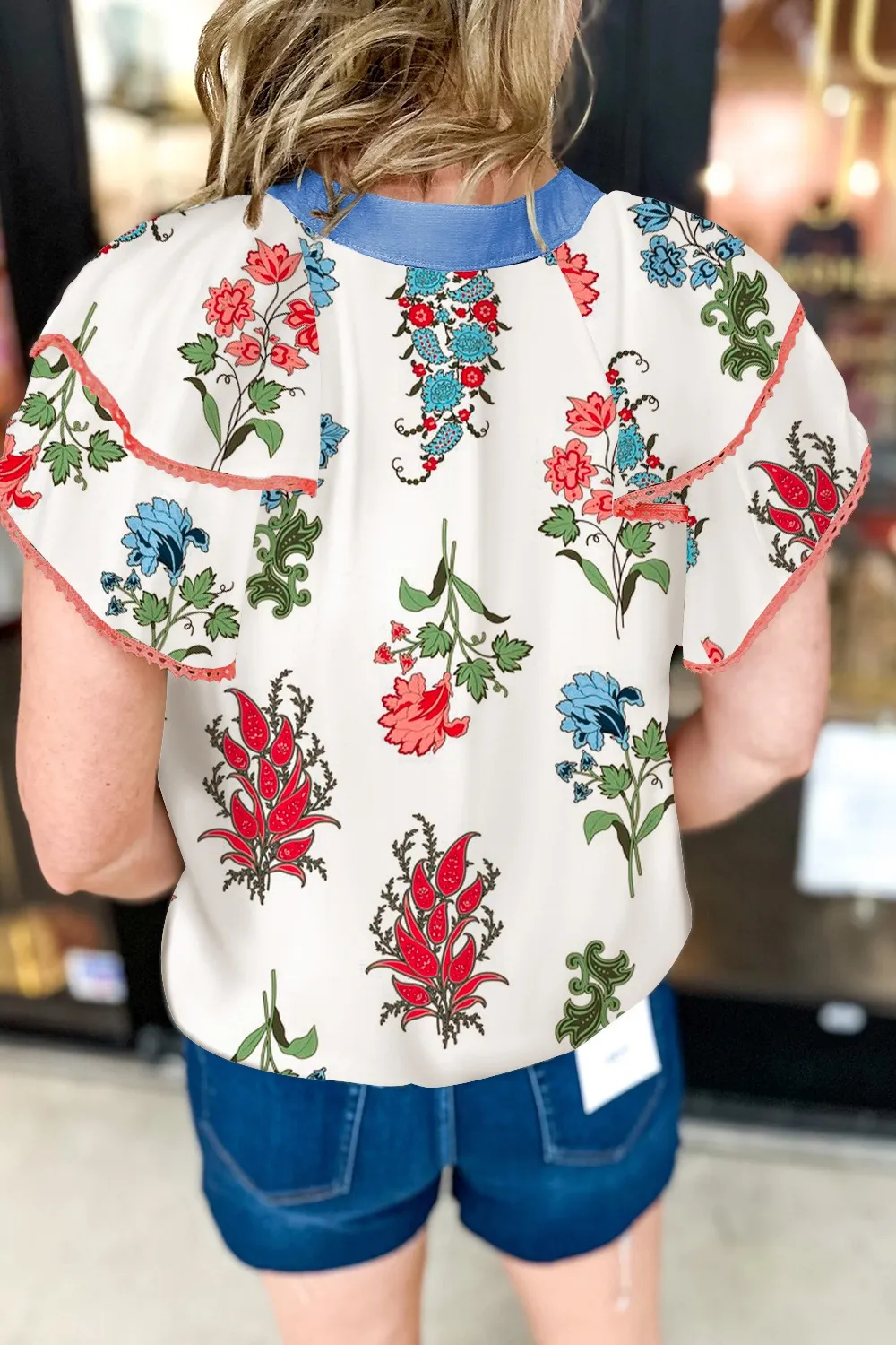 Floral Print Contrast Tassel Tie Short Sleeve Blouse, image 4