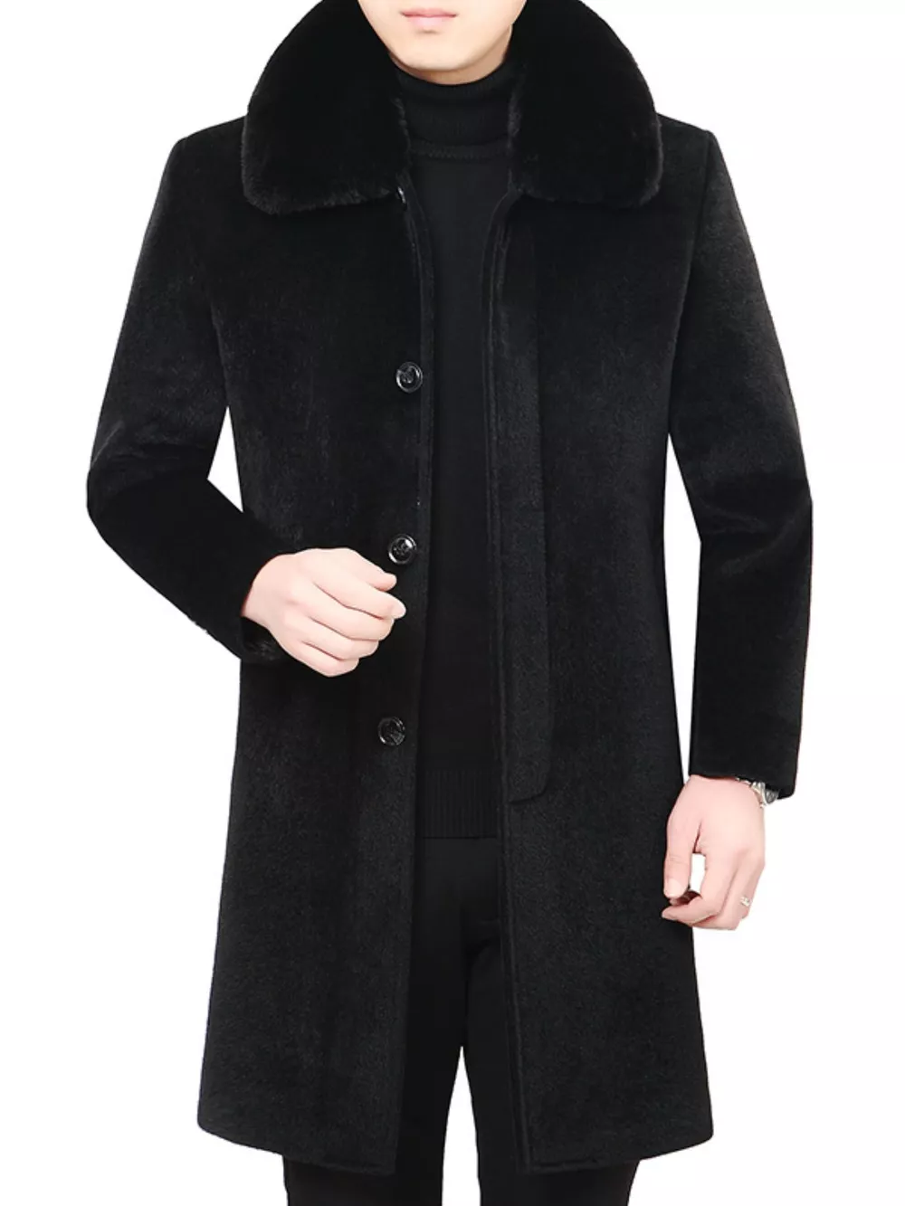 Men's Fur Collar Button Up Overcoat