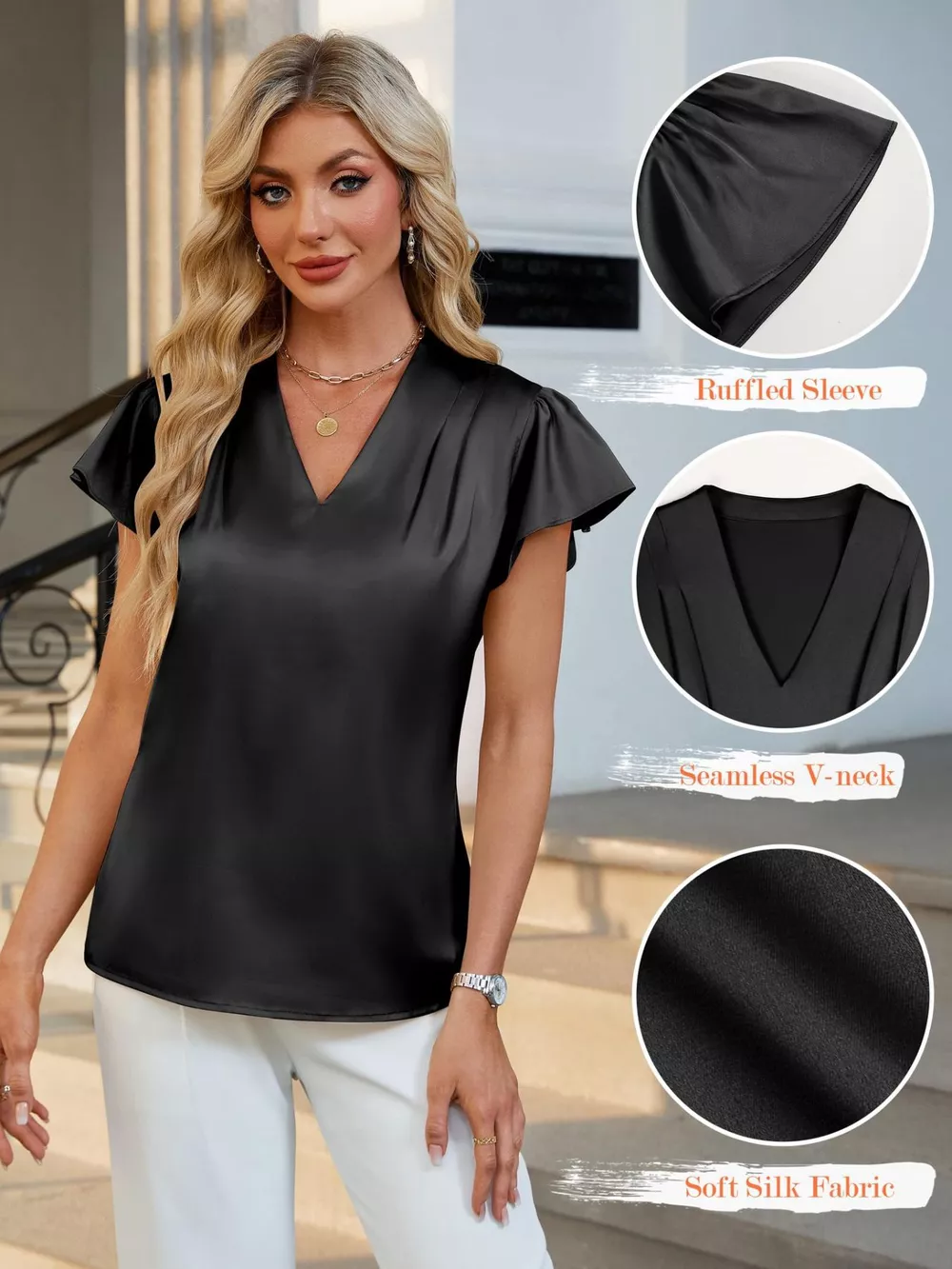 Satin V-Neck Flutter Sleeve Blouse, image 7