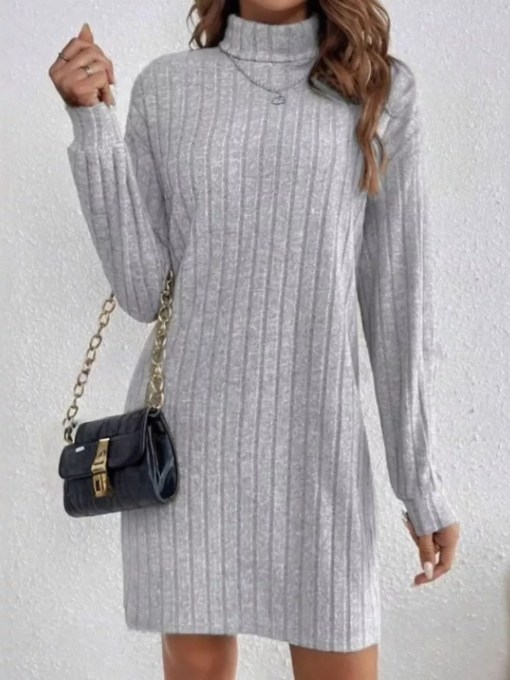 Casual Ribbed Turtleneck Long Sleeve Mini Dress, image 12