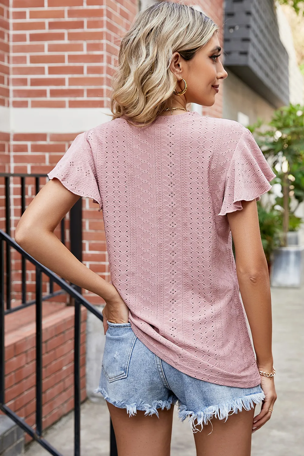 Eyelet V-Neck Flutter Sleeve T-Shirt, image 12