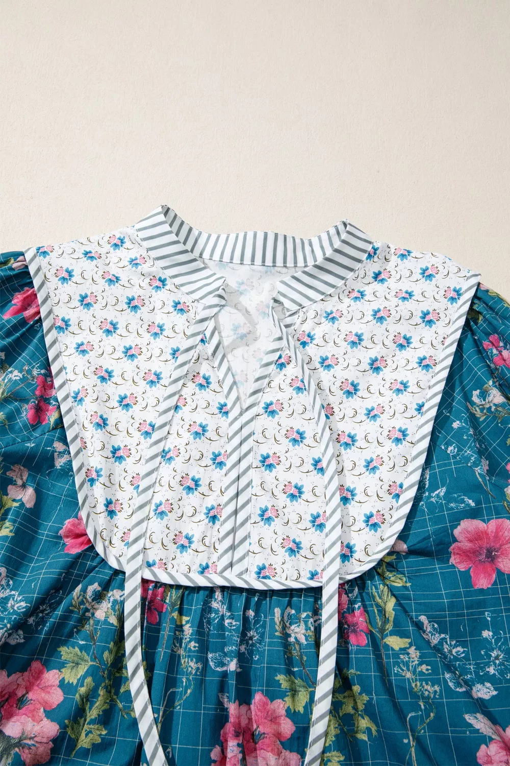 Floral Print Contrast Yoke Patchwork Striped Trim Long Puff Sleeve Blouse, image 5
