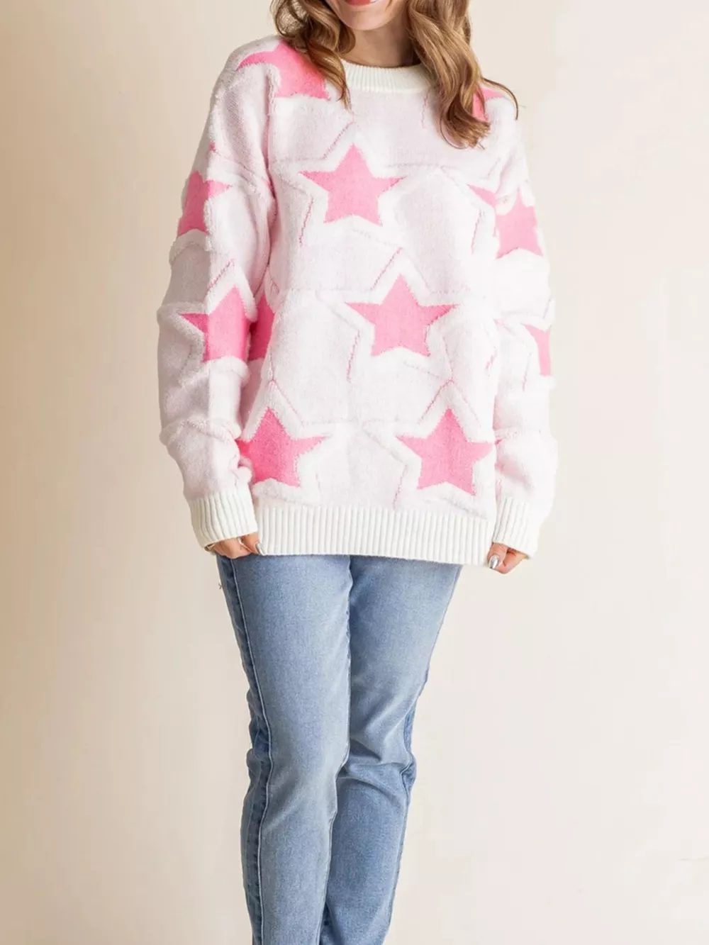 Oversized Star Pattern Ribbed Edge Drop Shoulder Sweater, image 2