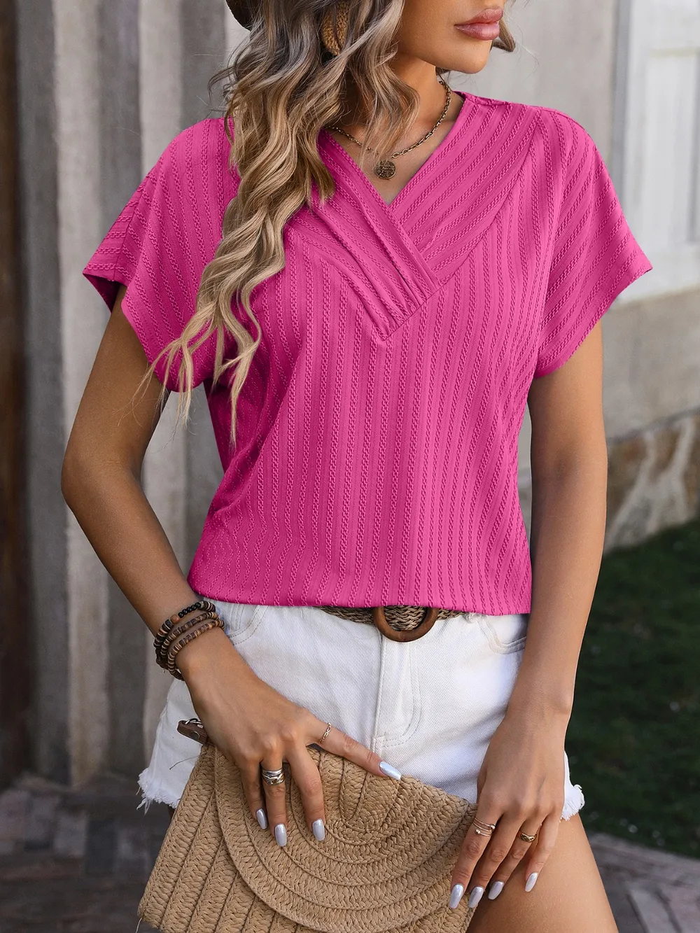 Textured Surplice Short Sleeve Blouse, image 14