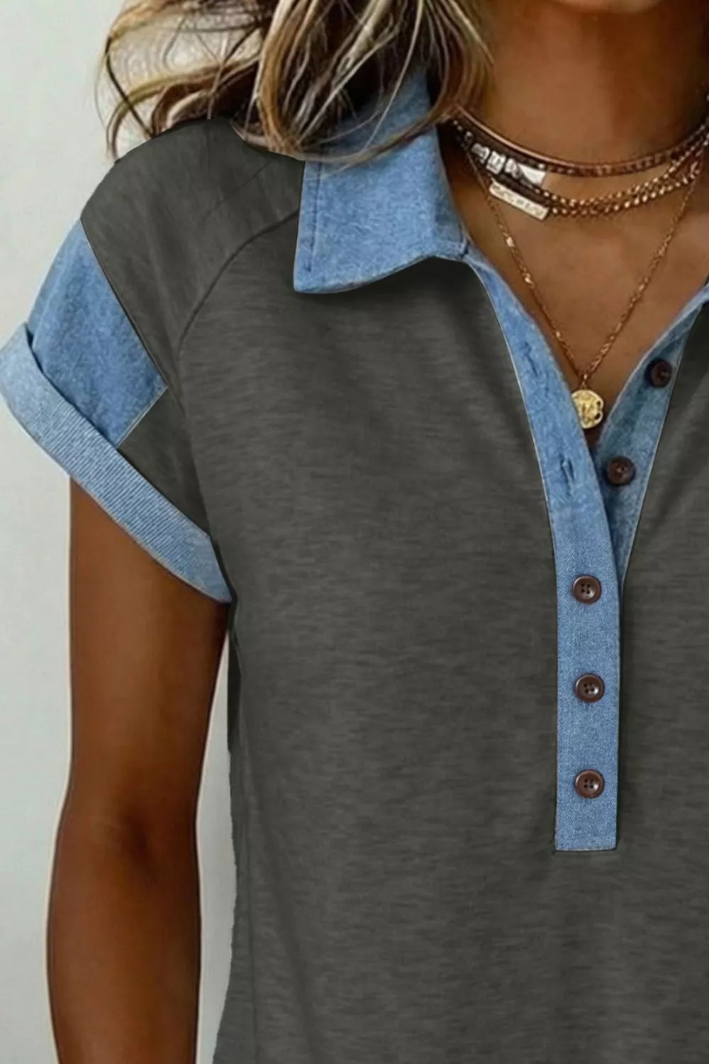 Color Block Polo Neck Patriotic Sequin Star Graphic Polo Tee, image 3