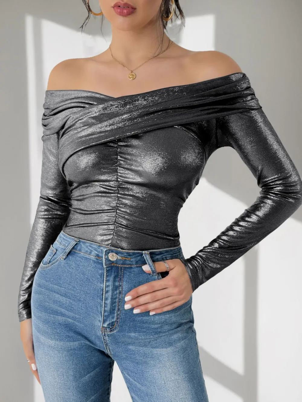 Ruched Off-Shoulder Long Sleeve Bodysuit, image 5