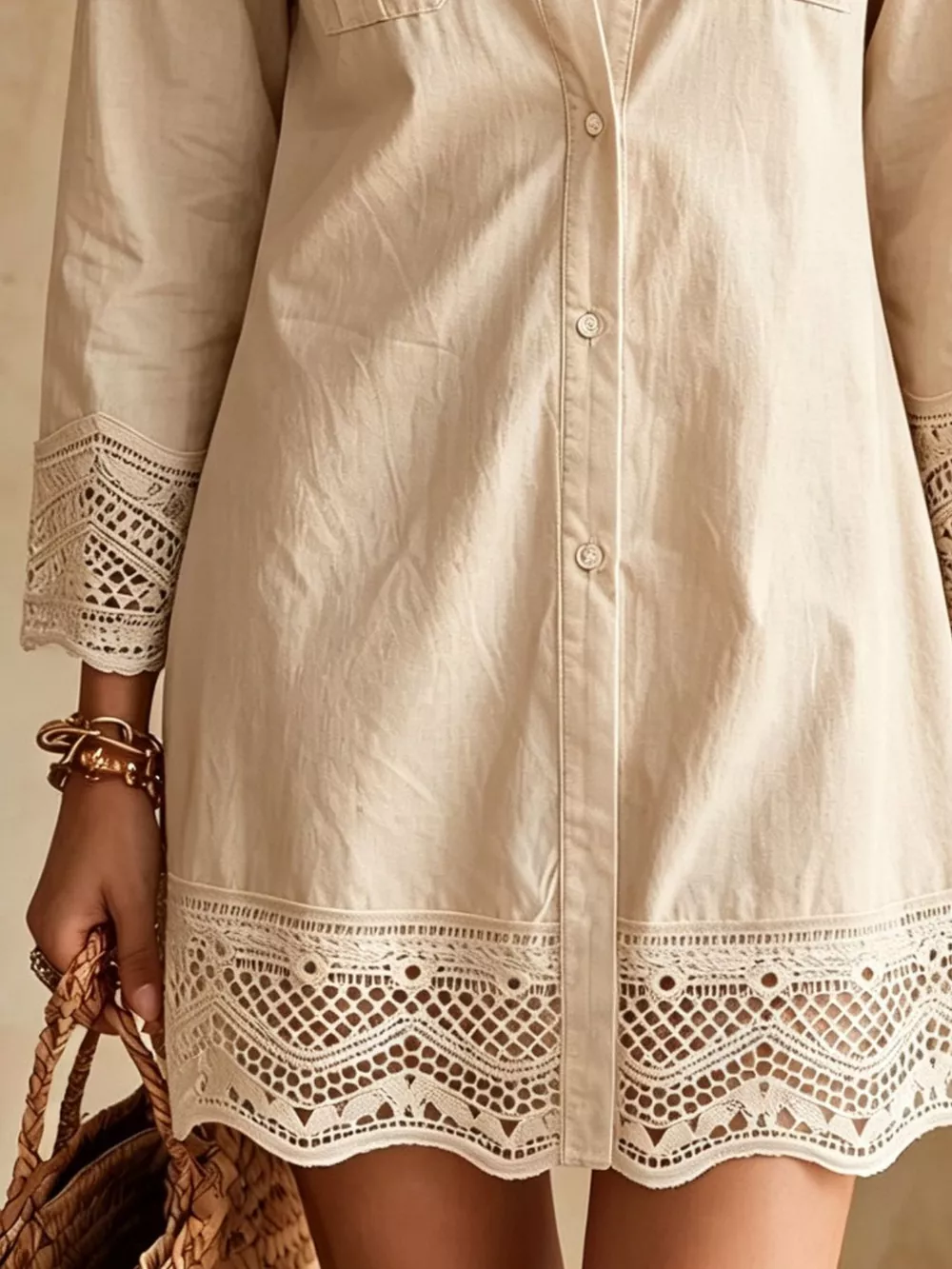 Button-Down Shirt Dress with Lace Trim, image 6
