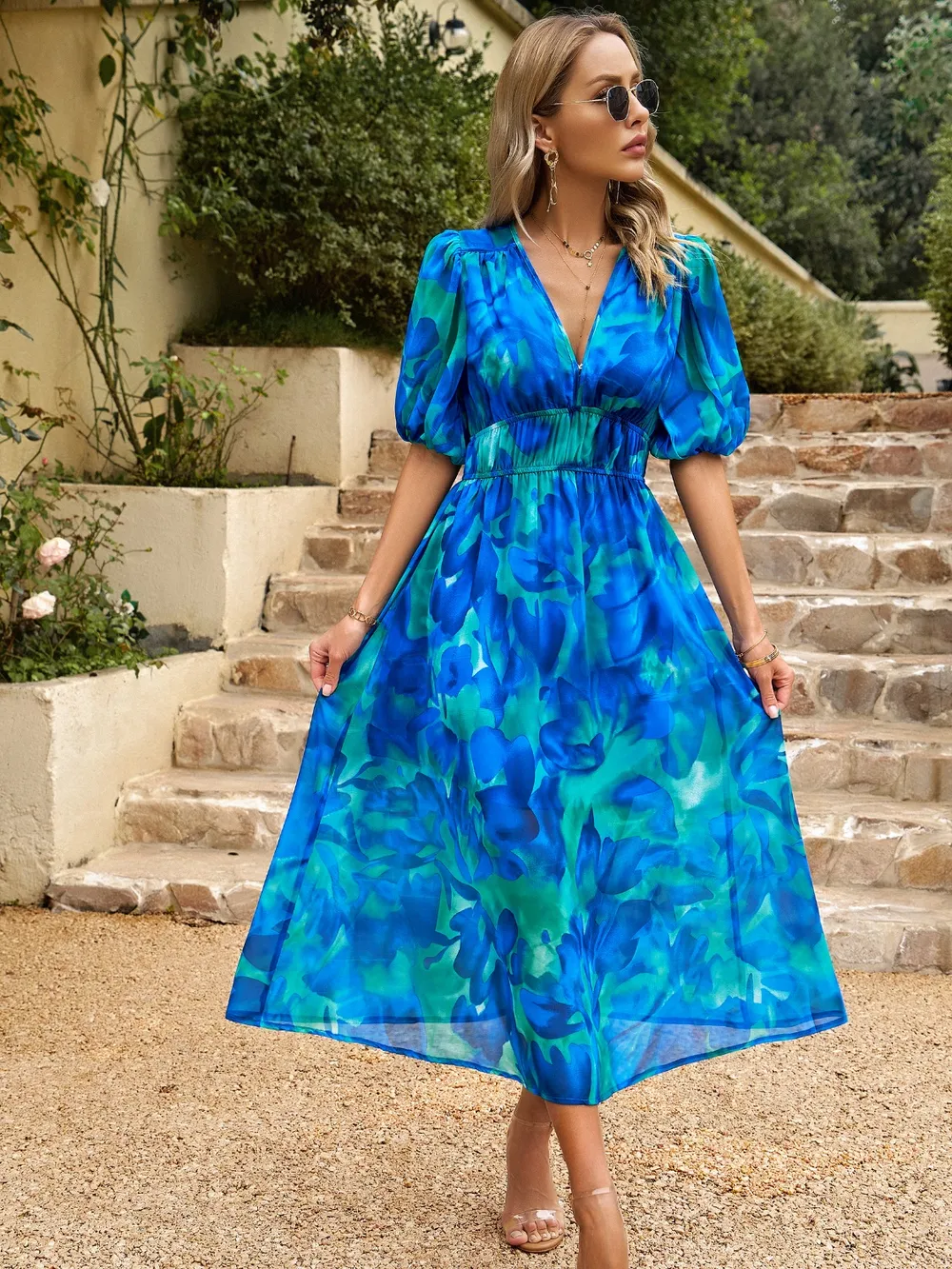 Smocked Printed V-Neck Half Sleeve Midi Dress, image 12