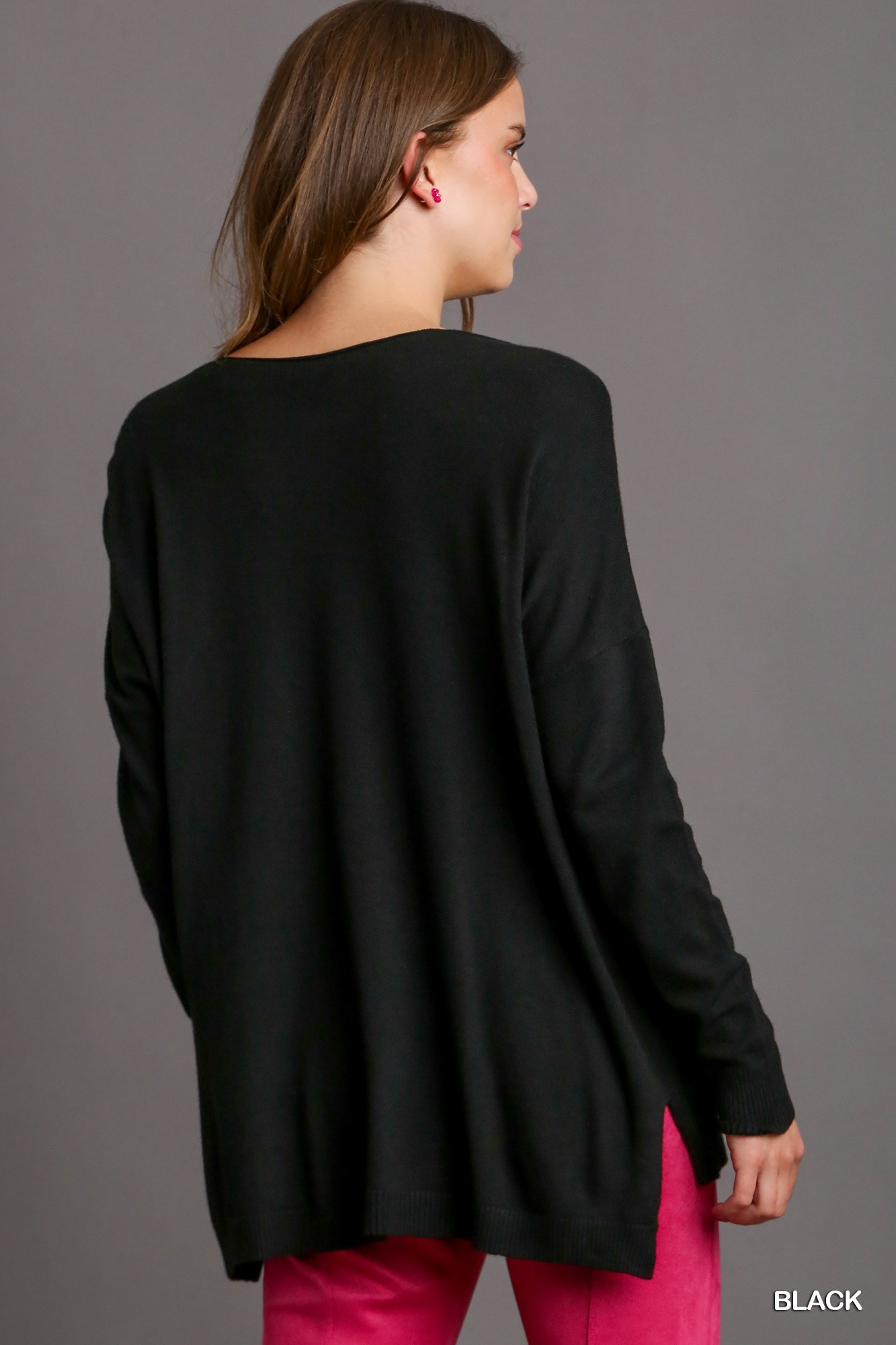V-Neck High Low Hem Knit Top with Side Slit, image 3