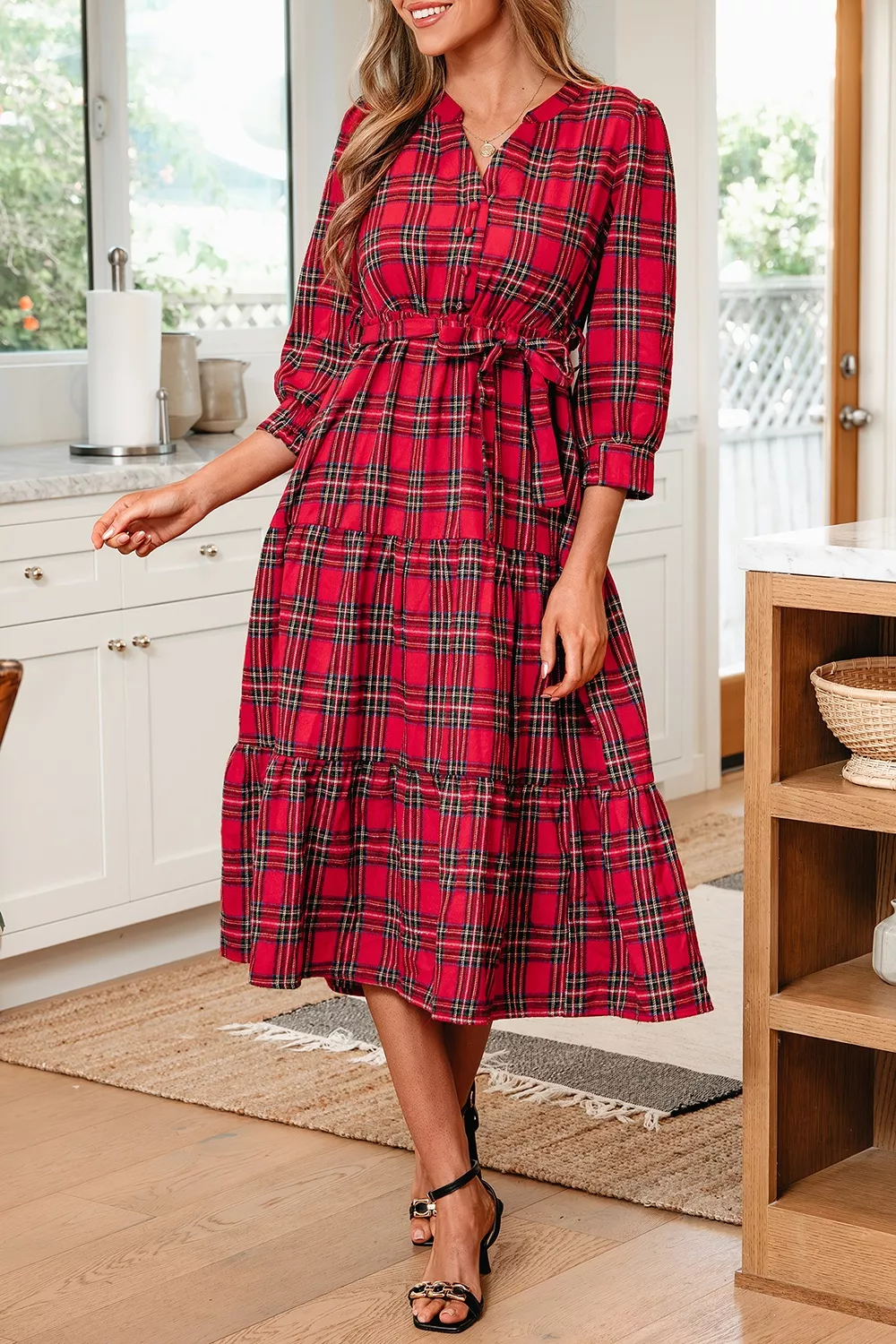Christmas Plaid V Neck 3/4 Sleeve Tie Waist Ruffle Hem Midi Dress, image 3