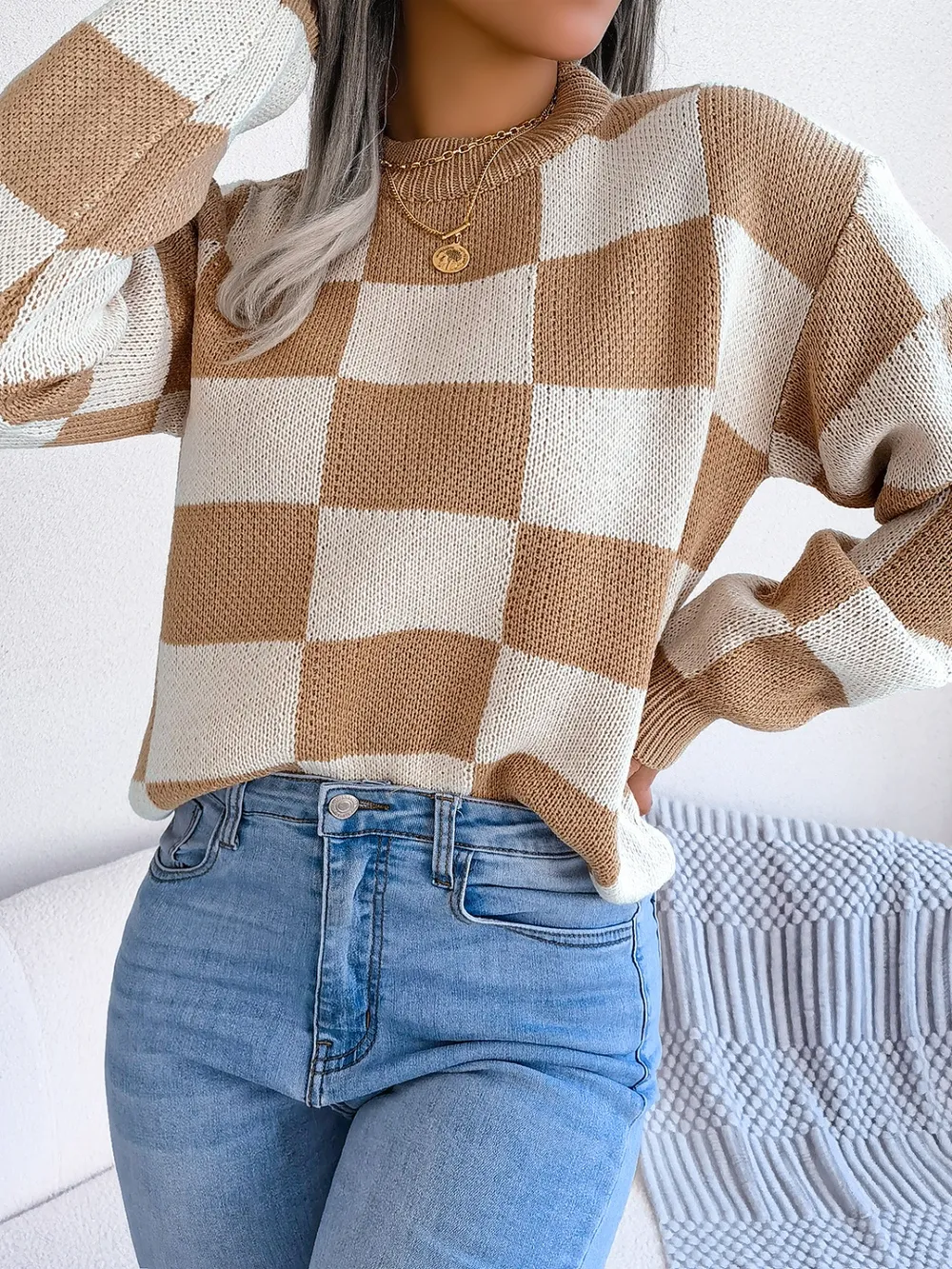 Checkered Mock Neck Long Sleeve Sweater, image 12