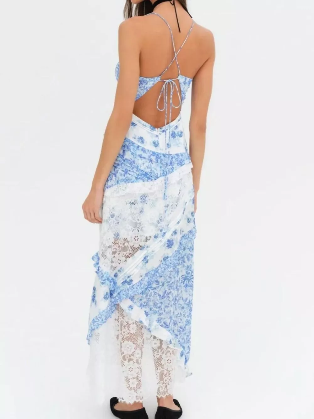 Lace Detail Ruffled Floral V-Neck Maxi Dress, image 14