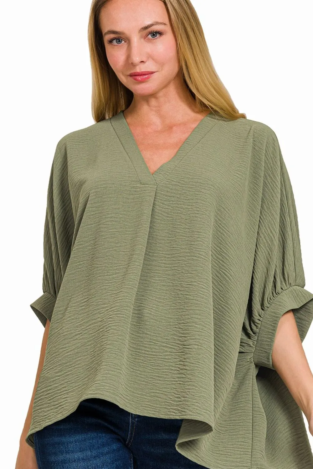 Woven Airflow V-neck Puff Half Sleeve Top