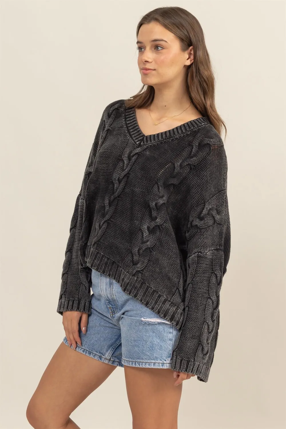Cable Knit V-Neck Dropped Shoulder Oversized Sweater, image 5