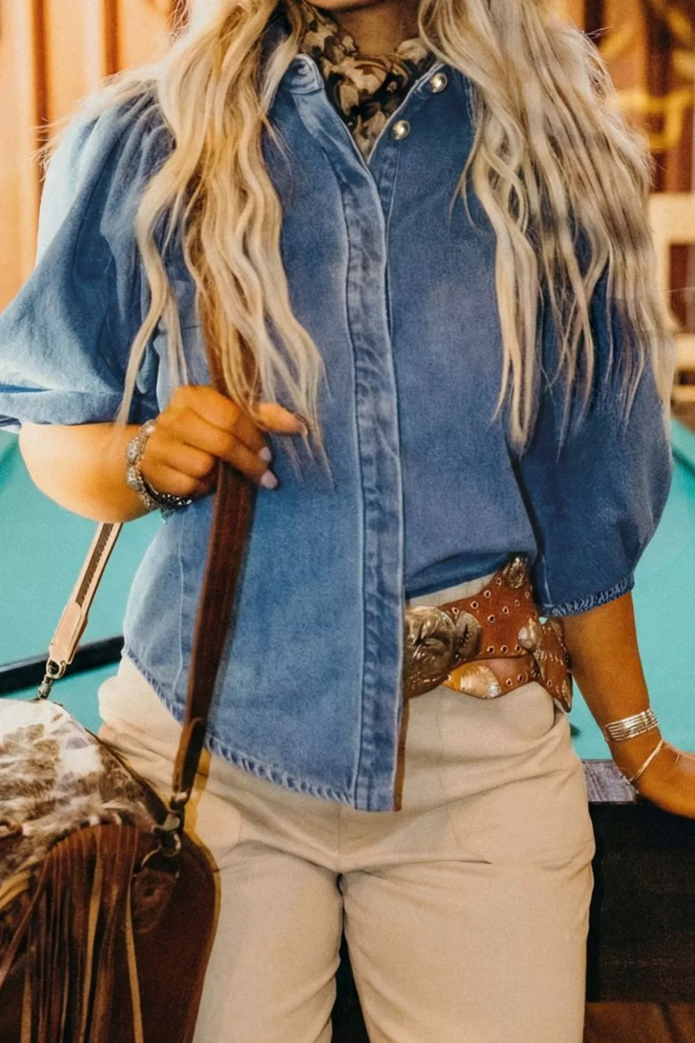 Puff Half Sleeve Collared Denim Shirt, image 3